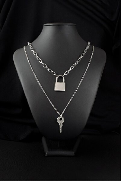 aksesuarix قلادة سلسلة قفل عتيقة من التسعينيات مع مفتاح FT1403GM