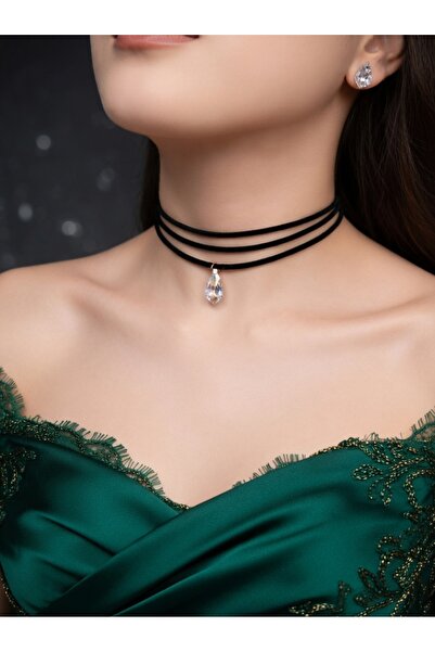 TakıConcept Kristal Damla Taşlı Siyah Choker Tasma Kolye