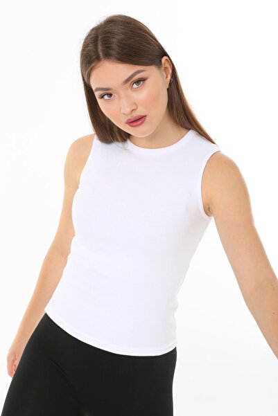 CHEISU تي شيرت أبيض برقبة دائرية - قميص داخلي نسائي مضلع بدون أكمام