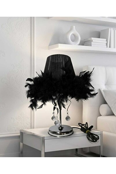 TEKAY AYDINLATMA Siyah Tüylü Taşlı Krom Ayaklı Yatak Odası Abajur