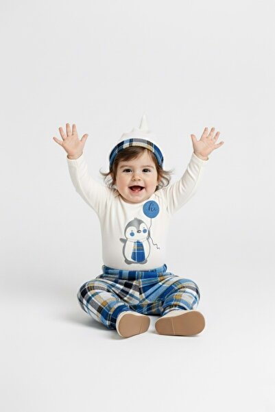 Mnk Baby&Kids ربطة عنق البطريق بادي، بنطلون، قبعة، بدلة قطنية ممشطة MNK0587 أزرق