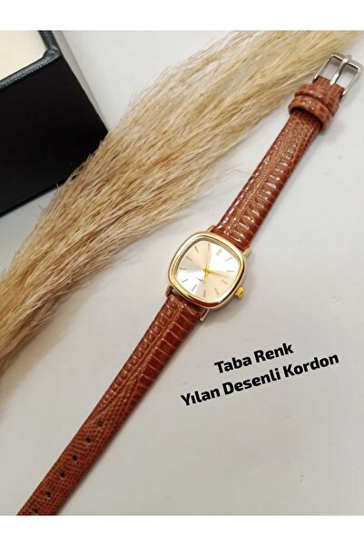 LA BOSS Minimal Kare Vintage Tasarım - Taba Renk Yılan Desenli Kordon - Gold ...