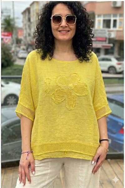 AYASOFYA OTANTIK Γυναικεία κίτρινη στρογγυλή λαιμόκοψη απλικέ παγιέτα μαργαρί...