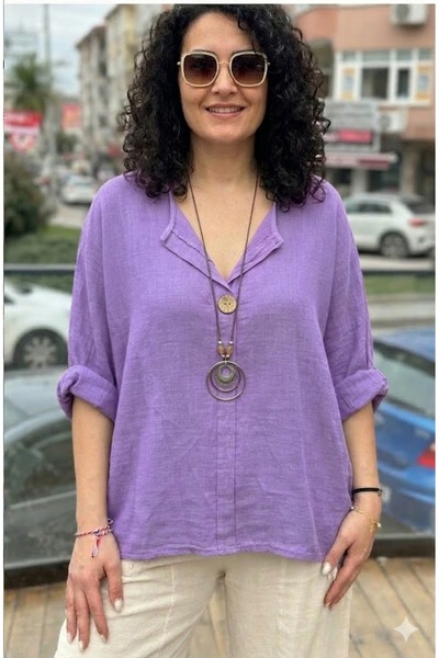 AYASOFYA OTANTIK Bluză tunică oversize, 100% bumbac, cu mâneci 3/4, cu detali...