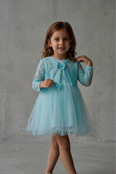 İnce Bebe Kız Çocuk Su Yeşili Tül Detaylı Dantel Bolerolu İkili Takım 1-5 Yaş