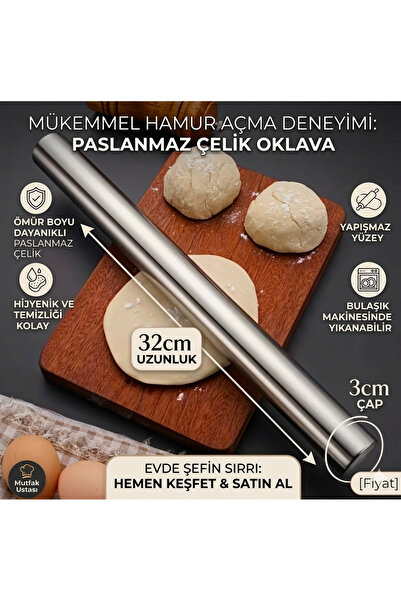 LOVYCO Masterchef Sağlam Büyük Paslanmaz Çelik 32 CM Metal Oklava Hamur Açma ...