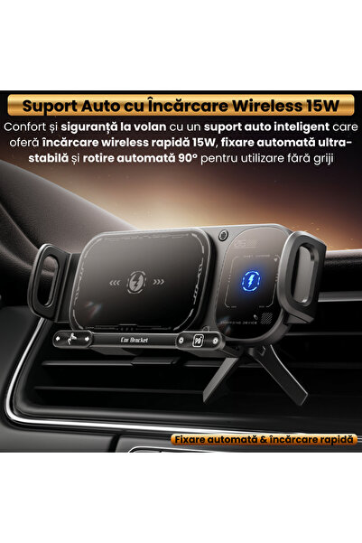 JUSTNET Suport Auto Inteligent 15W Wireless + Incarcator QC3.0 Dual USB, Rotire Automata 90°