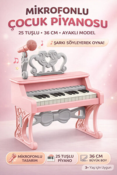 YILDIRIM OYUNCAK 25 Tuşlu Pembe Elektronik Piyano Oyuncak - 36 cm Kutulu Melo...