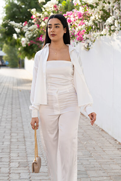 Borncelebs White Ivory Set Shirt and Pant with Camisole Top in Satin Silk | T...