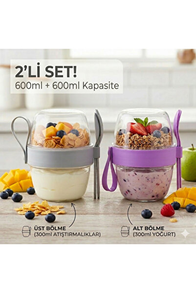 HOMEFECT 2 ADET 600Ml+600ml YOĞURT KABI Meyveli Yoğurt Müsli