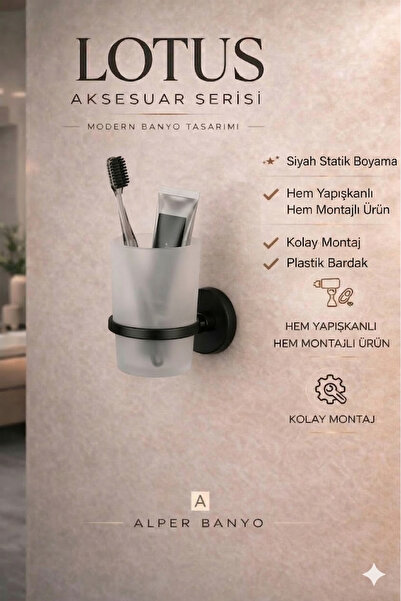 Alper Banyo Lotus Mat Siyah Eko Diş Fırçalık Plastik Tabak Ister Yapıştır Ist...