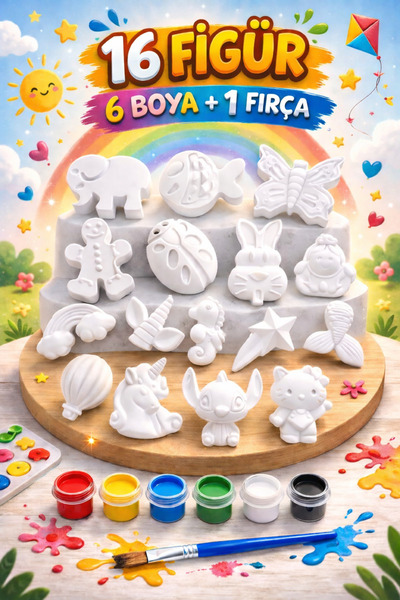 KM 16 Figür Boyama Seti 6 Renk Boya ve Fırça Dahil Yaratıcı Aktivite Seti
