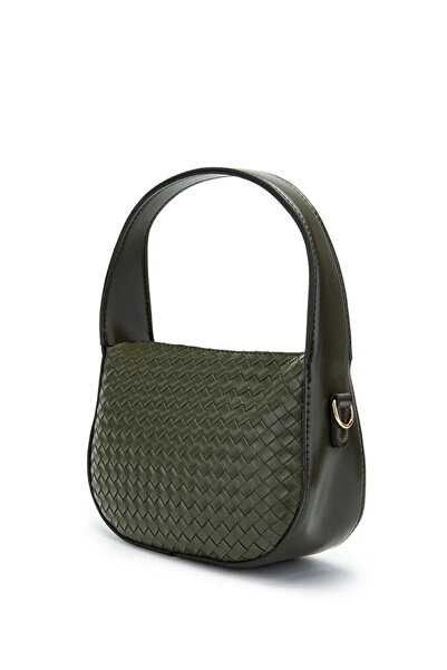 Melos Butik Γυναικεία δερμάτινη τσάντα χειρός και ώμου με πλεκτό σχέδιο χακί