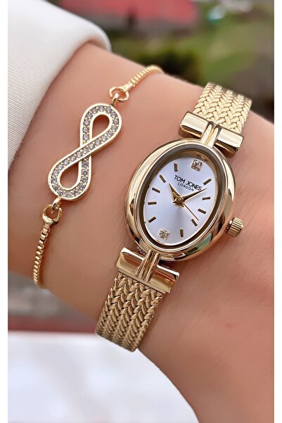 Tom Jones Marka Altın Renk Küçük Kasa Şık Kadın Kol Saati - Bileklik Hediyeli