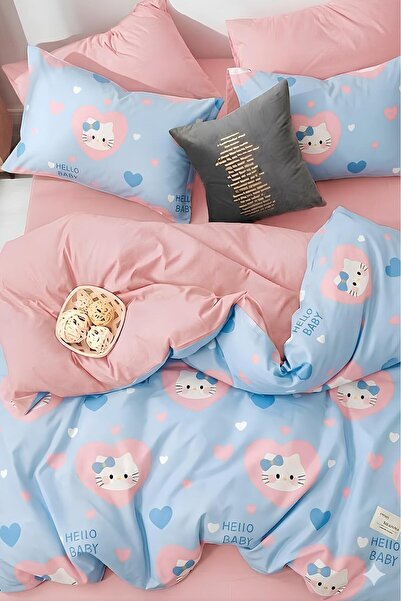 İQON Lastikli Çarşaflı Nevresim Takımı Tek Kişilik Hello Kitty Turkuaz