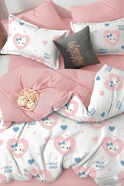 İQON Lastikli Çarşaflı Nevresim Takımı Çift Kişilik HELLO KİTTY BEYAZ