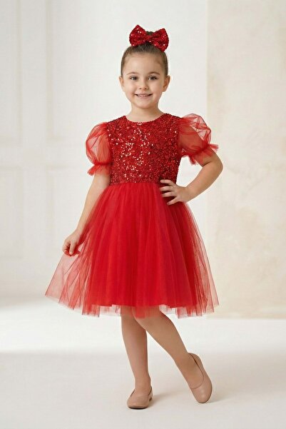 Mnk Baby&Kids Balon Kol Pul Payet Kız Çocuk Tütü Elbise M00751 KIRMIZI