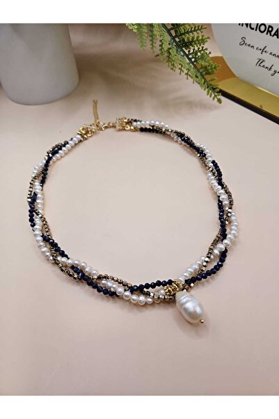 İNCİORA JEWELRY GERÇEK DOĞAL İNCİ LAPİS LAZULİ VE HEMATİT TAŞLI KOLYE 40 CM A...
