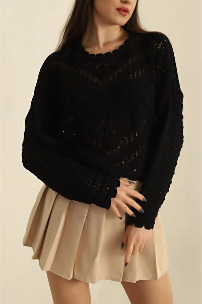 MetuCA Bluză pulover boemă cu mânecă lungă, tricotată, neagră, tricotaj cu as...