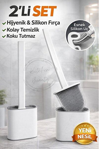 2 Adet Kendinden Yapışkanlı Silikon Banyo Tuvalet Klozet Temizleme Fırçası Ve Tutucu Beyaz Renk