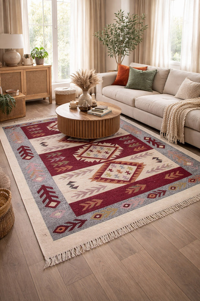 OEM Covor tradițional, dimensiune 120 x 180 cm, roșu și crem, model ROMB