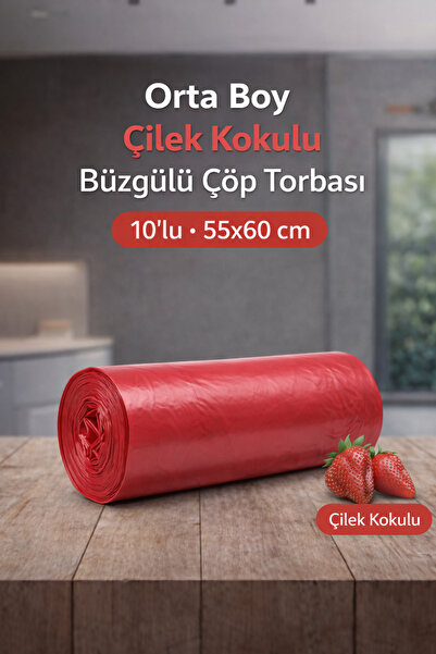 naft 1 Rulo Çöp Torbası Büzgülü Orta Boy Çilek Kokulu 10'lu Kalın 55x60 Çöp P...