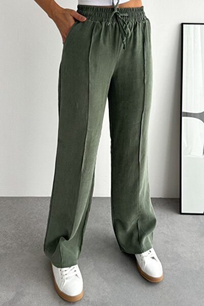 Mogi Butik Lace-Up Elastic Waist Striped Palazzo Gabardine Women's Trousers 3...