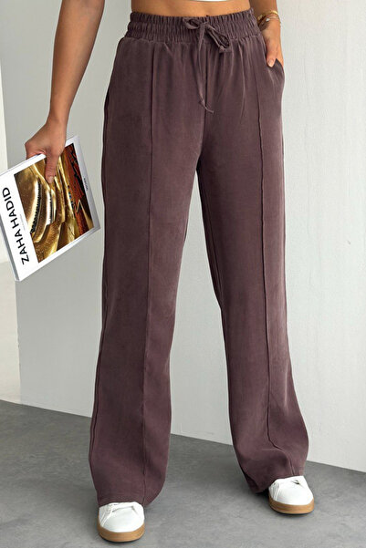 Mogi Butik Lace-Up Elastic Waist Striped Palazzo Gabardine Women's Trousers 3...
