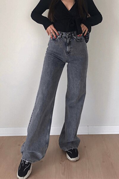 WODDİ Astrid Füme Σούπερ Ψηλόμεσο Τζιν Λύκρα Φαρδύ - Παντελόνι Palazzo