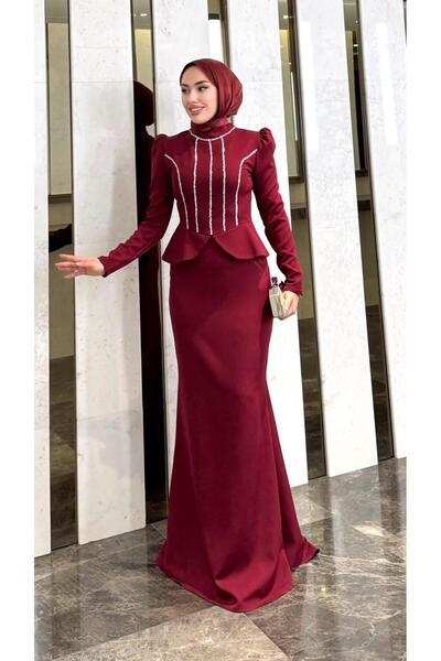 modadeywearst Special Design Stone Embellished Peplum Hijab Evening Dress
