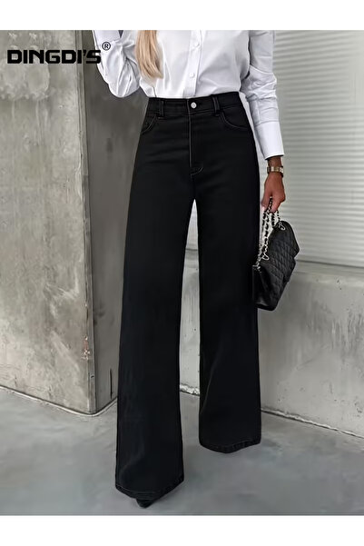beeke Pantaloni largi din denim Enna Lycra negri, cu talie super-înaltă