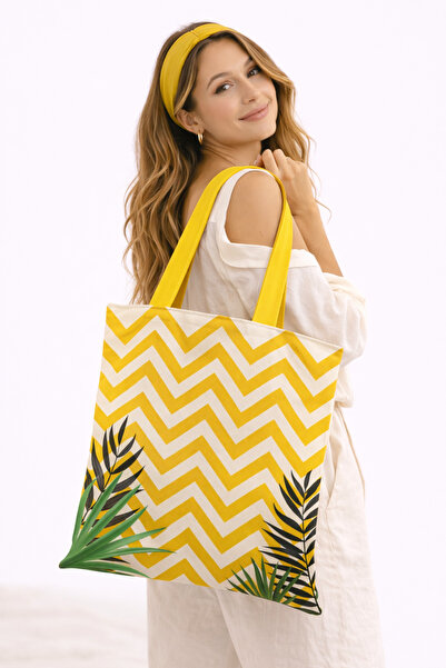AYSHOME Geantă de cumpărături de plajă din pânză cu fermoar cu dungi galbene ...