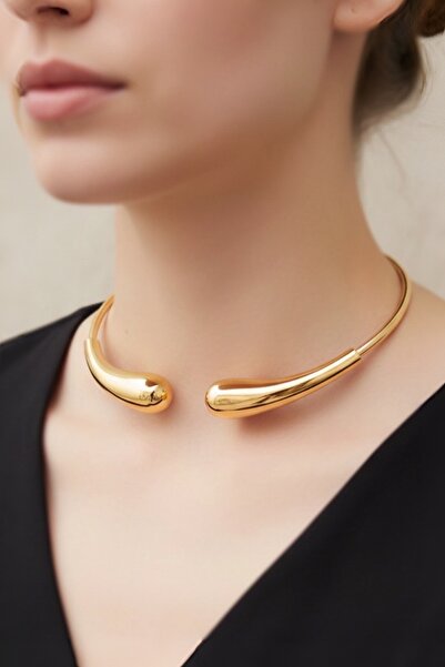 model aksesuar Modern Gold Metal Choker Kolye – Minimalist Açık Uçlu Boyun Ko...
