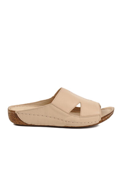 Aspor Beige Genuine Leather Women's Flat Slippers