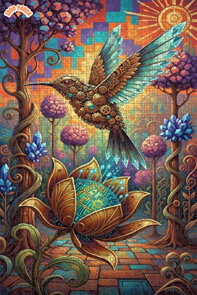 Esranın Dünyası Mechanical Hummingbird and Crystal Flower Oil Painting Double...