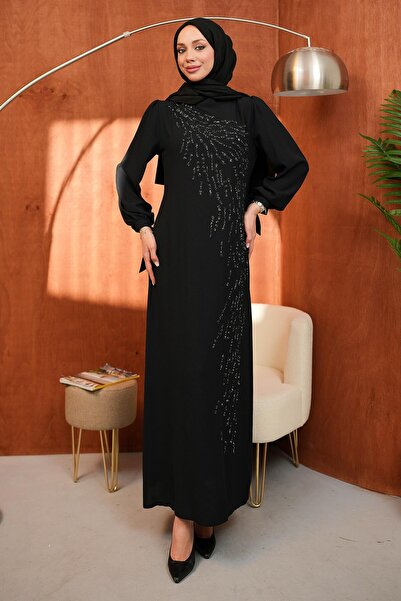 İmajButik Black Crew Neck Evening Dress with Stone Embroidery