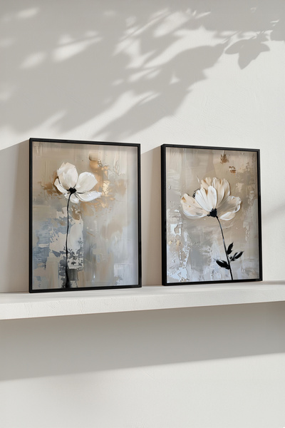 STARYUNA Black Wooden Framed Abstract White Flower Double Painting Set Yuna642