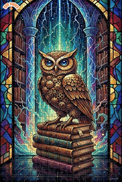 Esranın Dünyası Magical Wisdom Owl Oil Painting Look Double Layer Framed Wood...