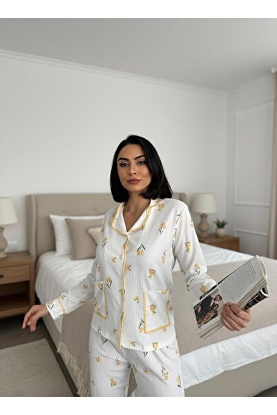 LİLA İÇ GİYİM Flower Printed Knitted Long Sleeve Women's Pajama Set