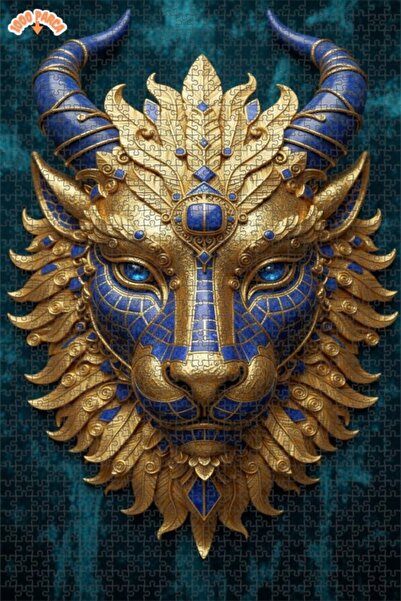 Esranın Dünyası Golden Blue Lion Mask Looking Modern Art Double-Layer Framed ...