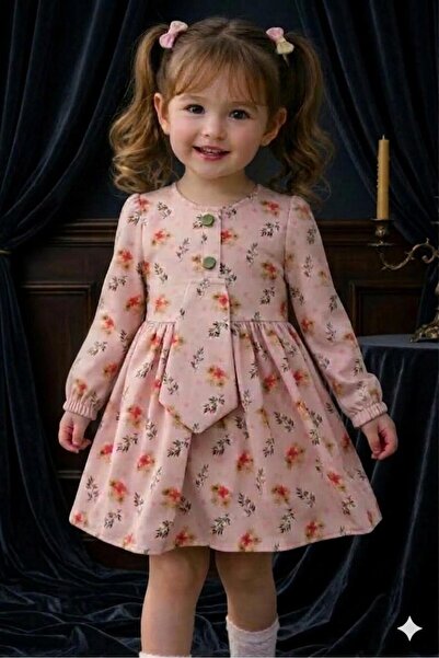 KOZADANKIDS MENSIS ÇİÇEK DESENLİ KUŞAKLI ÇOCUK ELBİSE