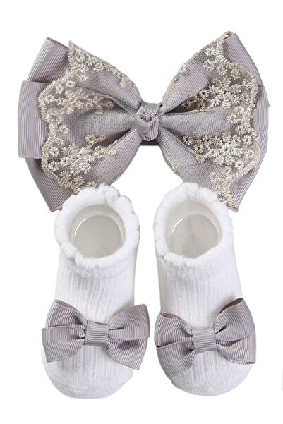 Bambimici - Aaliyah Socks & Cute Ribbon Big Bow Headband Set - Grey
