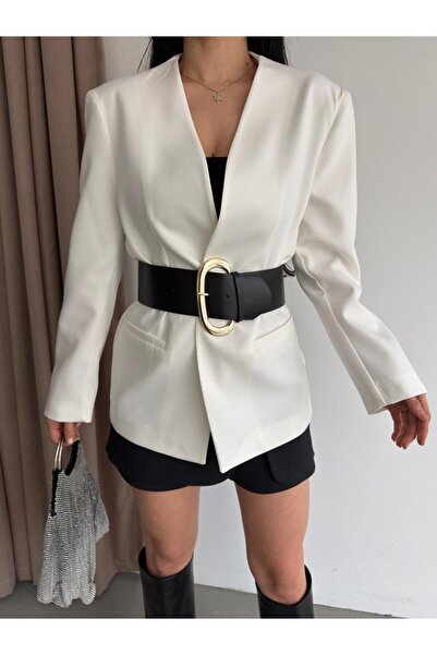 aytenli Oversized Double Wide Belt Piece V-Neck Lined Buttonless Hidden Pocke...