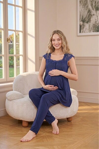 Lohussa New Season Navy Blue Wide-Strap Summer Button Detailed Lace Piece 100...