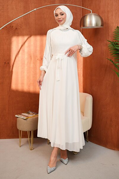 İmajButik White Waist Belted Stone Embellished Evening Dress