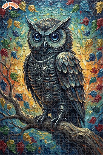 Esranın Dünyası Mechanical Owl Oil Painting Look Double Layer Framed Wooden P...