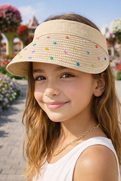 MARBERRY Pălărie pentru fete cu vizor din paie, brodată cu piatră de culoare ...