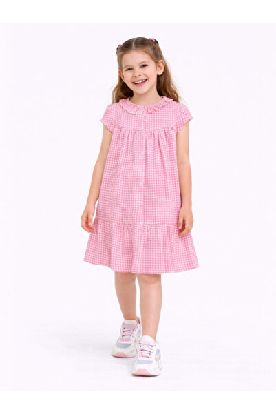 Victor and Jane Girls Pink Gingham Ruffle Dress with Peter Pan Collar