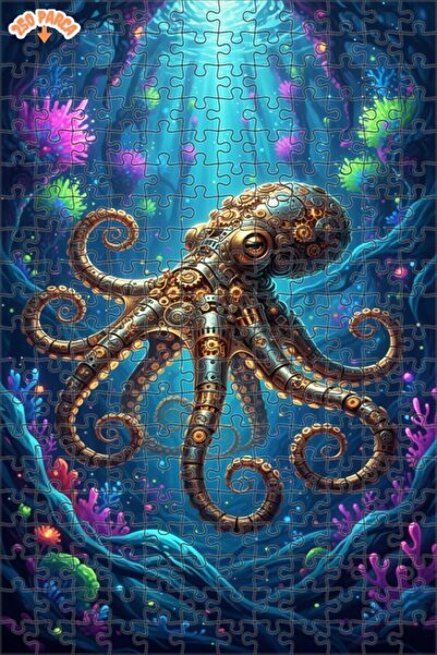 Esranın Dünyası Mechanical Octopus Steampunk Art Double-Layer Framed Wooden P...