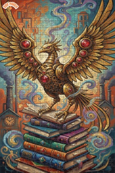 Esranın Dünyası Mechanical Phoenix and Magical Books Oil Painting Double-Laye...